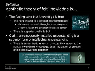 24 Jan 2020
Philosophy of Time
Definition
Aesthetic theory of felt knowledge is…
 The feeling tone that knowledge is true...