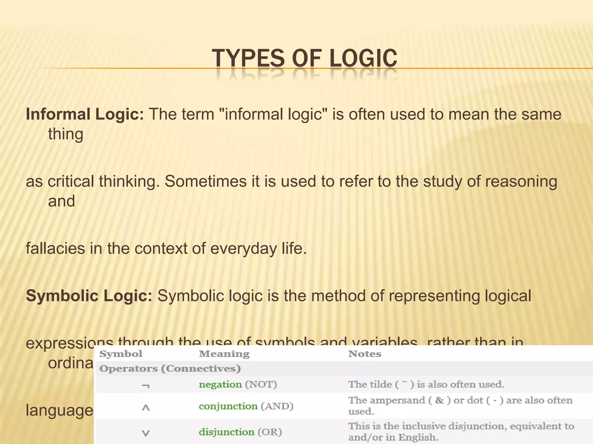 TYPES OF LOGIC
Informal Logic: The term "informal logic" is often used to mean the same
thing
as critical thinking. Sometimes it is used to refer to the study of reasoning
and
fallacies in the context of everyday life.
Symbolic Logic: Symbolic logic is the method of representing logical
expressions through the use of symbols and variables, rather than in
ordinary
language.
 