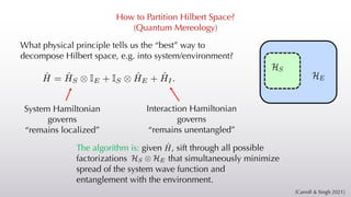 How to Partition Hilbert Space?
(Quantum Mereology)
[Carroll & Singh 2021]
Ĥ = ĤS ⌦ IE + IS ⌦ ĤE + ĤI.
The algorithm is: given , sift through all possible
factorizations that simultaneously minimize
spread of the system wave function and
entanglement with the environment.
Ĥ
HS ⌦ HE
HE
HS
System Hamiltonian
governs
“remains localized”
Interaction Hamiltonian
governs
“remains unentangled”
What physical principle tells us the “best” way to
decompose Hilbert space, e.g. into system/environment?
 