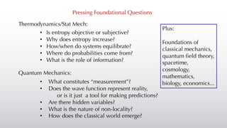 Pressing Foundational Questions
Quantum Mechanics:
• What constitutes “measurement”?
• Does the wave function represent reality,
or is it just a tool for making predictions?
• Are there hidden variables?
• What is the nature of non-locality?
• How does the classical world emerge?
Thermodynamics/Stat Mech:
• Is entropy objective or subjective?
• Why does entropy increase?
• How/when do systems equilibrate?
• Where do probabilities come from?
• What is the role of information?
Plus:
Foundations of
classical mechanics,
quantum field theory,
spacetime,
cosmology,
mathematics,
biology, economics...
 