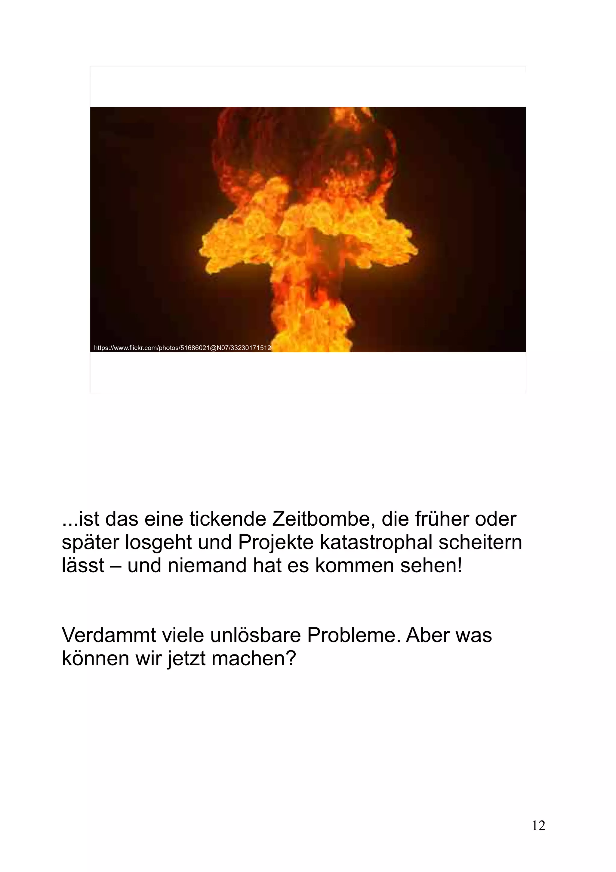 12
https://www.flickr.com/photos/51686021@N07/33230171512
...ist das eine tickende Zeitbombe, die früher oder
später losgeht und Projekte katastrophal scheitern
lässt – und niemand hat es kommen sehen!
Verdammt viele unlösbare Probleme. Aber was
können wir jetzt machen?
 