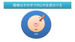世界
社会
動物はその中で内と外を見分ける
自己
内
外
 