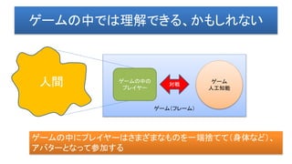 ゲーム（フレーム）
ゲームの中では理解できる、かもしれない
ゲーム
人工知能
ゲームの中の
プレイヤー
対戦
ゲームの中にプレイヤーはさまざまなものを一端捨てて（身体など）、
アバターとなって参加する
人間
 
