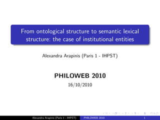 From ontological structure to semantic lexical
structure: the case of institutional entities
Alexandra Arapinis (Paris 1 - IHPST)
PHILOWEB 2010
16/10/2010
Alexandra Arapinis (Paris 1 - IHPST) PHILOWEB 2010 1
 