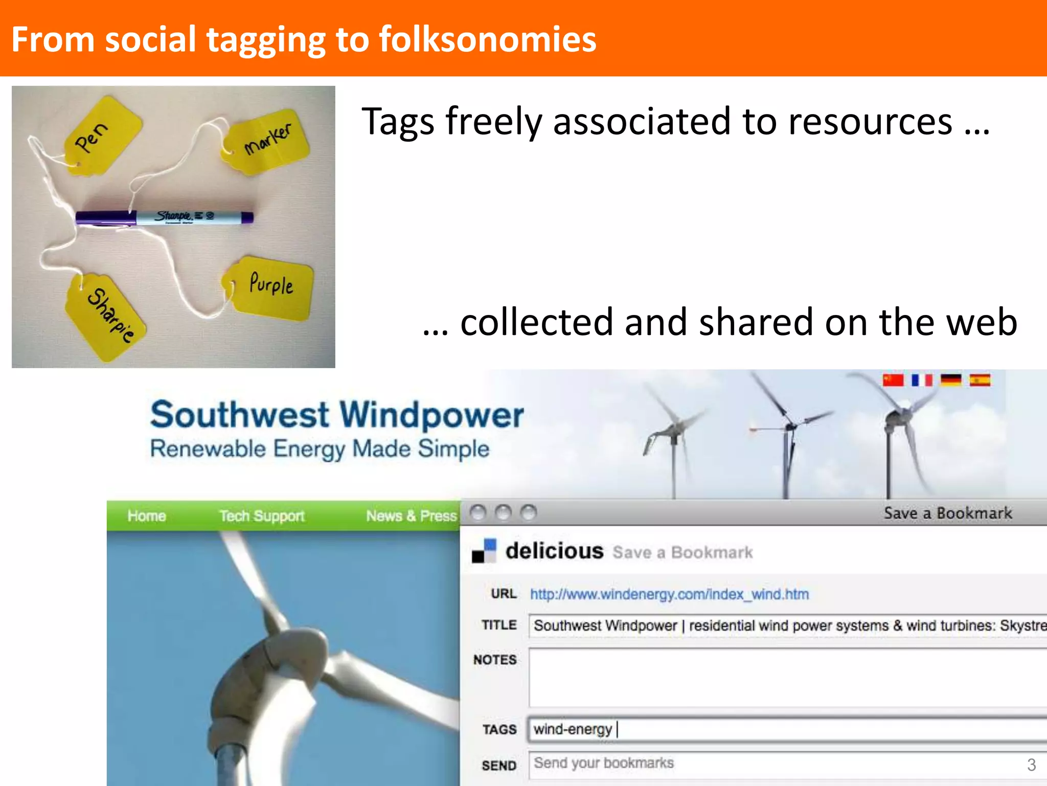 3
From social tagging to folksonomies
Tags freely associated to resources …
… collected and shared on the web
 