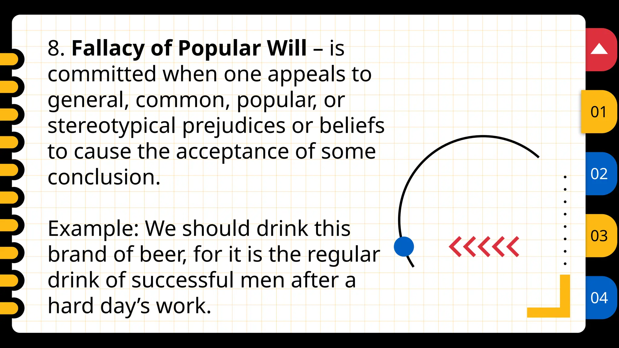 02
03
04
01
8. Fallacy of Popular Will – is
committed when one appeals to
general, common, popular, or
stereotypical prejudices or beliefs
to cause the acceptance of some
conclusion.
Example: We should drink this
brand of beer, for it is the regular
drink of successful men after a
hard day’s work.
 