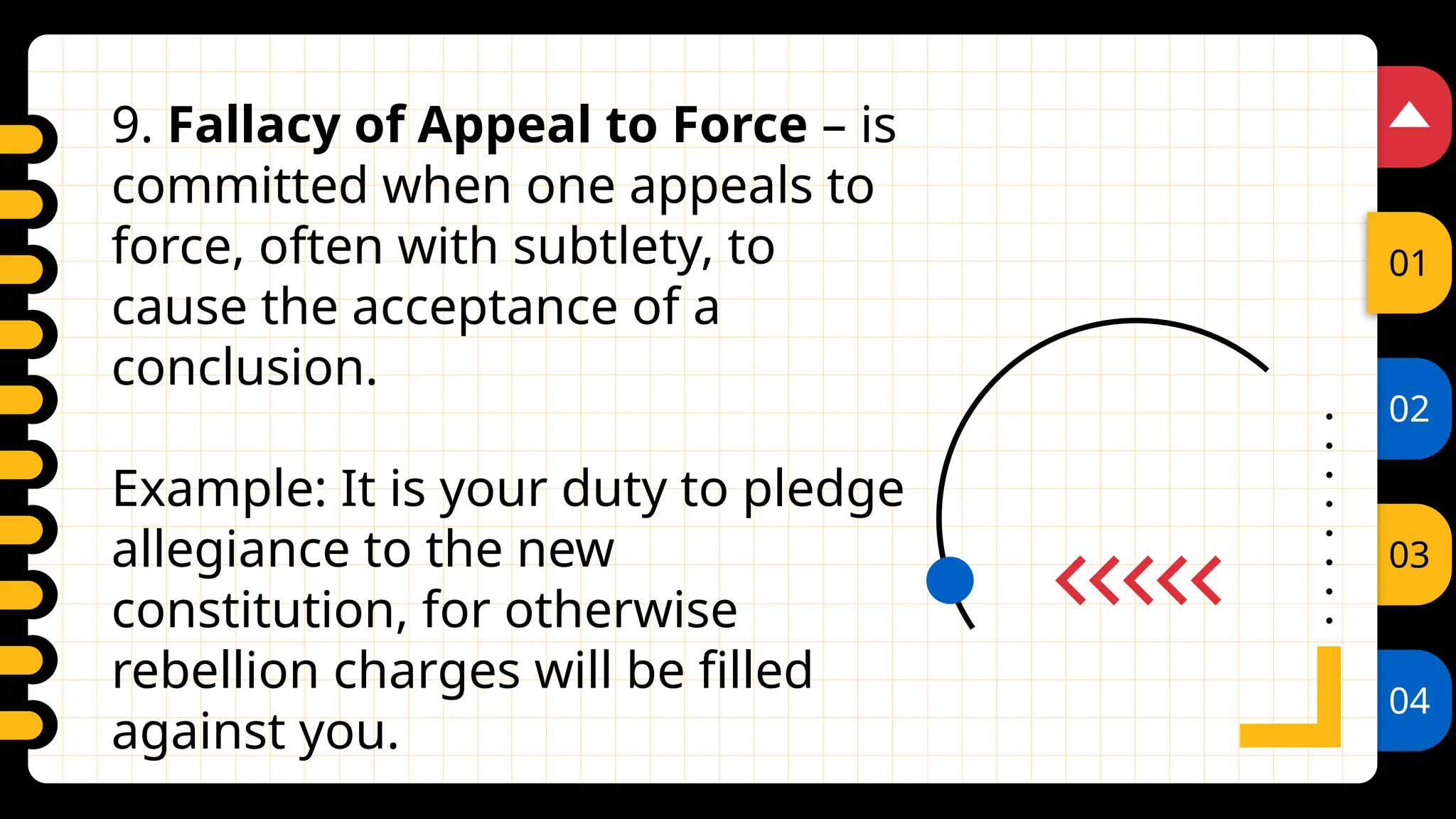 02
03
04
01
9. Fallacy of Appeal to Force – is
committed when one appeals to
force, often with subtlety, to
cause the acceptance of a
conclusion.
Example: It is your duty to pledge
allegiance to the new
constitution, for otherwise
rebellion charges will be filled
against you.
 