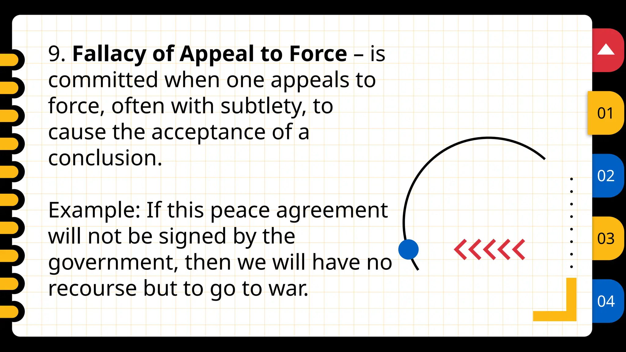 02
03
04
01
9. Fallacy of Appeal to Force – is
committed when one appeals to
force, often with subtlety, to
cause the acceptance of a
conclusion.
Example: If this peace agreement
will not be signed by the
government, then we will have no
recourse but to go to war.
 