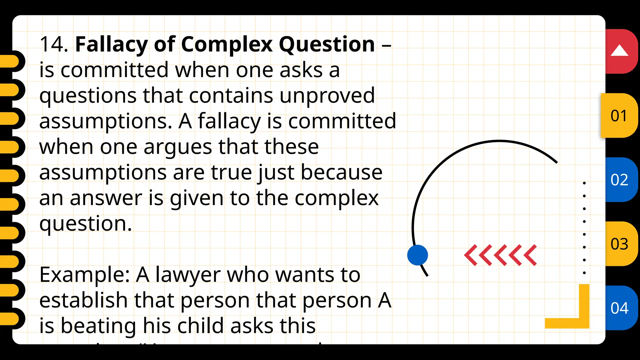 02
03
04
01
14. Fallacy of Complex Question –
is committed when one asks a
questions that contains unproved
assumptions. A fallacy is committed
when one argues that these
assumptions are true just because
an answer is given to the complex
question.
Example: A lawyer who wants to
establish that person that person A
is beating his child asks this
question: ‘Have you stopped
 