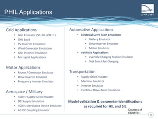 1111
PHIL Applications
Grid Applications
• Grid Emulator (50, 60, 400 Hz)
• Grid Load
• PV-Inverter Emulation
• Wind-Generator Emulation
• Grid Inverter Emulation
• Microgrid Applications
Motor Applications
• Motor / Generator Emulator
• Drive Inverter Emulator
• Frequency Inverter Emulator
Aerospace / Military
• 400 Hz Supply Grid Emulator
• DC-Supply Emulation
• 400 Hz Aerospace Device Emulator
• AC-DC Coupling Emulator
Automotive Applications
• Electrical Drive Train Emulation
• Battery Emulator
• Drive Inverter Emulator
• Motor Emulator
• eVehicle Applications
• eVehicle Charging Station Emulator
• Test Bench for Charging
Transportation
• Supply Grid Emulator
• Machine Emulator
• Inverter Emulator
• Electrical Drive-Train Emulation
Courtesy of
EGSTON
Model validation & parameter identifications
as required for HIL and SIL
 