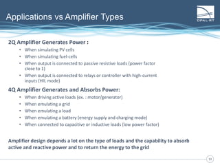 1313
Applications vs Amplifier Types
2Q Amplifier Generates Power :
• When simulating PV cells
• When simulating fuel-cells
• When output is connected to passive resistive loads (power factor
close to 1)
• When output is connected to relays or controller with high-current
inputs (HIL mode)
4Q Amplifier Generates and Absorbs Power:
• When driving active loads (ex. : motor/generator)
• When emulating a grid
• When emulating a load
• When emulating a battery (energy supply and charging mode)
• When connected to capacitive or inductive loads (low power factor)
Amplifier design depends a lot on the type of loads and the capability to absorb
active and reactive power and to return the energy to the grid
 