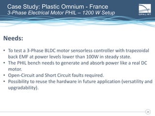 2323
Needs:
• To test a 3-Phase BLDC motor sensorless controller with trapezoidal
back EMF at power levels lower than 100W in steady state.
• The PHIL bench needs to generate and absorb power like a real DC
motor.
• Open-Circuit and Short Circuit faults required.
• Possibility to reuse the hardware in future application (versatility and
upgradability).
Case Study: Plastic Omnium - France
3-Phase Electrical Motor PHIL – 1200 W Setup
 