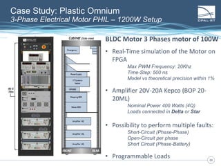 2626
BLDC Motor 3 Phases motor of 100W
• Real-Time simulation of the Motor on
FPGA
Max PWM Frequency: 20Khz
Time-Step: 500 ns
Model vs theoretical precision within 1%
• Amplifier 20V-20A Kepco (BOP 20-
20ML)
Nominal Power 400 Watts (4Q)
Loads connected in Delta or Star
• Possibility to perform multiple faults:
Short-Circuit (Phase-Phase)
Open-Circuit per phase
Short Circuit (Phase-Battery)
• Programmable Loads
Case Study: Plastic Omnium
3-Phase Electrical Motor PHIL – 1200W Setup
 