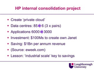 HP internal consolidation project

 Create „private cloud‟
 Data centres: 85    6 (3 x pairs)
 Applications 6000    3000
 Investment: $100Ms to create own Janet
 Saving: $1Bn per annum revenue
 (Source: eweek.com)
 Lesson: „industrial scale‟ key to savings
 