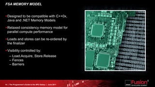 FSA MEMORY MODEL


Designed to be compatible with C++0x,
 Java and .NET Memory Models

Relaxed consistency memory model for
 parallel compute performance

Loads and stores can be re-ordered by
 the finalizer

Visibility controlled by:
    – Load.Acquire, Store.Release
    – Fences
    – Barriers




14 | The Programmer’s Guide to the APU Galaxy | June 2011
 