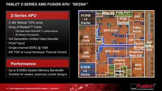TABLET Z-SERIES AMD FUSION APU: “DESNA”


    Z-Series APU
 2 x86 “Bobcat” CPU cores
 Array of Radeon™ Cores
        Discrete-class DirectX® 11 performance
        80 Stream Processors
 3rd Generation Unified Video Decoder
 PCIe® Gen2
 Single-channel DDR3 @ 1066
 6W TDP w/ Local Hardware Thermal Control



    Performance:
 Up to 8.5GB/s System Memory Bandwidth
 Suitable for sealed, passively cooled designs



6 | The Programmer’s Guide to the APU Galaxy | June 2011
 