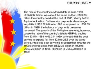 • The size of the country’s external debt in June 1990,
US$26.97 billion, was about the same as the US$26.92
billion the country owed at the end of 1985, shortly before
Aquino took office. Debt-service payments also change
very little: US$2.57 billion in 1985 as opposed to US$2.35
billion in 1990. the balance of payments pressures
remained. The growth of the Philippine economy, however,
cause the ratio of the country’s debt to GNP do decline
from 83.5 in 1985 to 65.2 in 1989, whereas that the debt
service to exports fell from 32.0 to 26.3 over the same
period. Projected debt servicing in September 1990 for the
1990s showed a rise from US$2.35 billion in 1990 to
US$3.25 billion in 1995, falling off to US$2.08 billion in
1999.
 