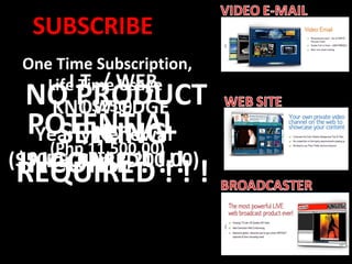 SUBSCRIBE
 One Time Subscription,
   Life Time WEB
       I.T. / Usage
  NO PRODUCT
    KNOWLEDGE
         ( $250)
  POTENTIAL
      SELLING
  Yearly NOTor
           Renewal
    (Php 11,500.00)
($50REQUIRED! ! !!
 INCOME ! !! ! !
     or Php 2,200.00)
 REQUIRED
 