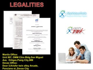 Manila Office:
Unit 907, OMM Citra Bldg.San Miguel
Ave. Ortigas,Pasig City,MM
Davao Office:
Door 5,Krisfer twin alley Arcade,
Ponciano st.,Davao City
 