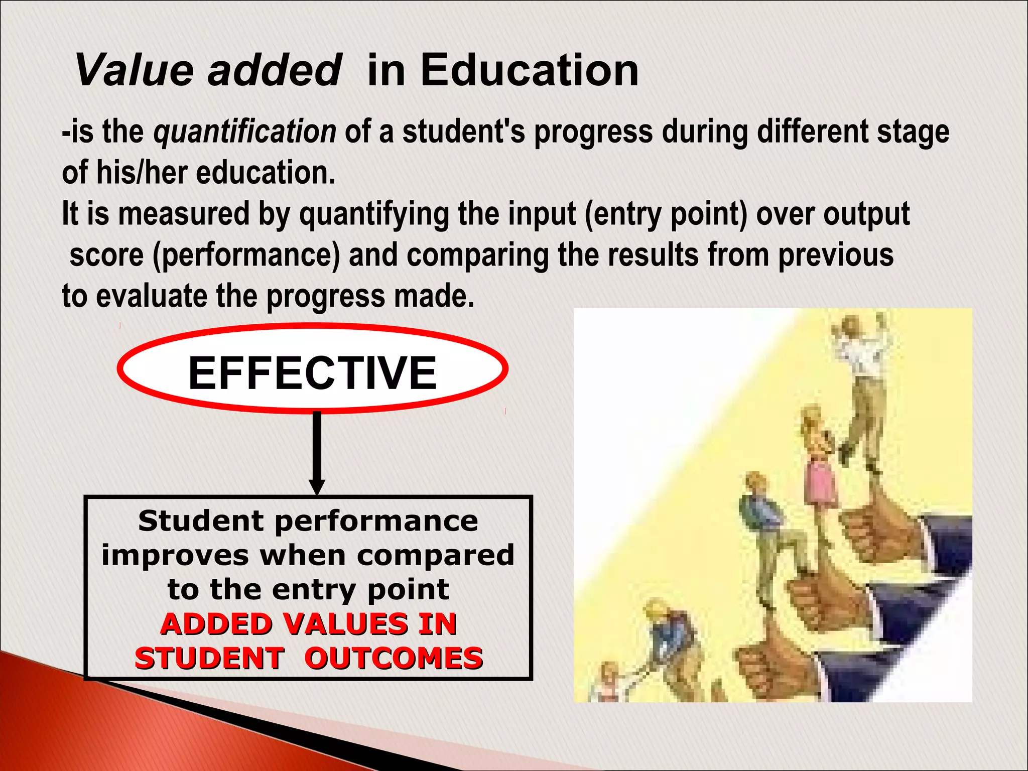 EFFECTIVE
Student performance
improves when compared
to the entry point
ADDED VALUES INADDED VALUES IN
STUDENT OUTCOMESSTUDENT OUTCOMES
-is the quantification of a student's progress during different stage
of his/her education.
It is measured by quantifying the input (entry point) over output
score (performance) and comparing the results from previous
to evaluate the progress made.
Value added in Education
 