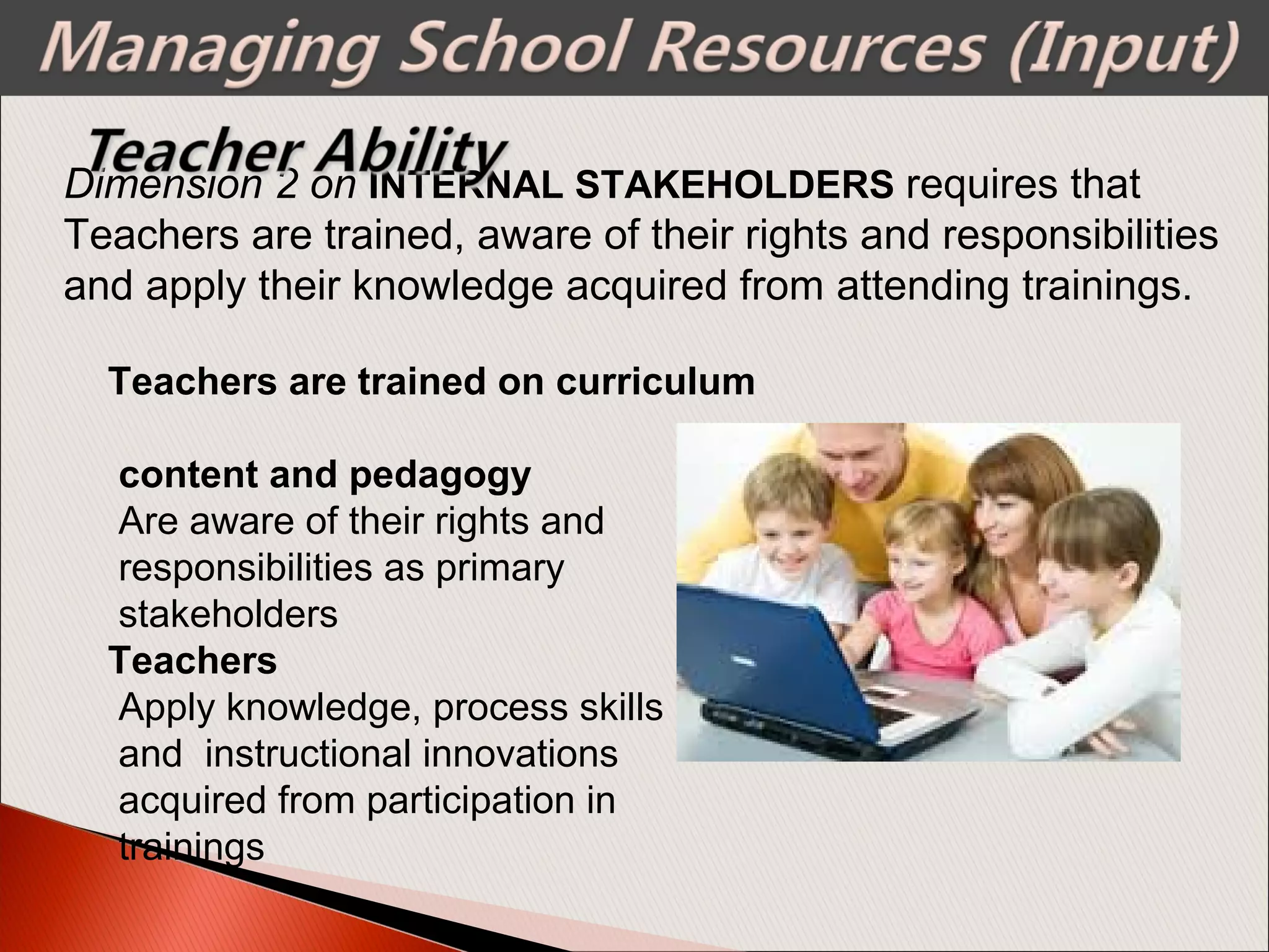 Dimension 2 on INTERNAL STAKEHOLDERS requires that
Teachers are trained, aware of their rights and responsibilities
and apply their knowledge acquired from attending trainings.
Teachers are trained on curriculum
content and pedagogy
Are aware of their rights and
responsibilities as primary
stakeholders
Teachers
Apply knowledge, process skills
and instructional innovations
acquired from participation in
trainings
 