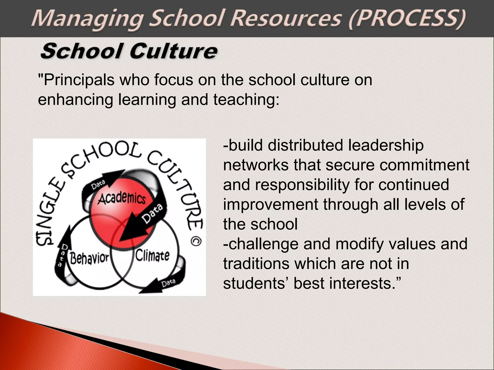"Principals who focus on the school culture on
enhancing learning and teaching:
-build distributed leadership
networks that secure commitment
and responsibility for continued
improvement through all levels of
the school
-challenge and modify values and
traditions which are not in
students’ best interests.”
 
