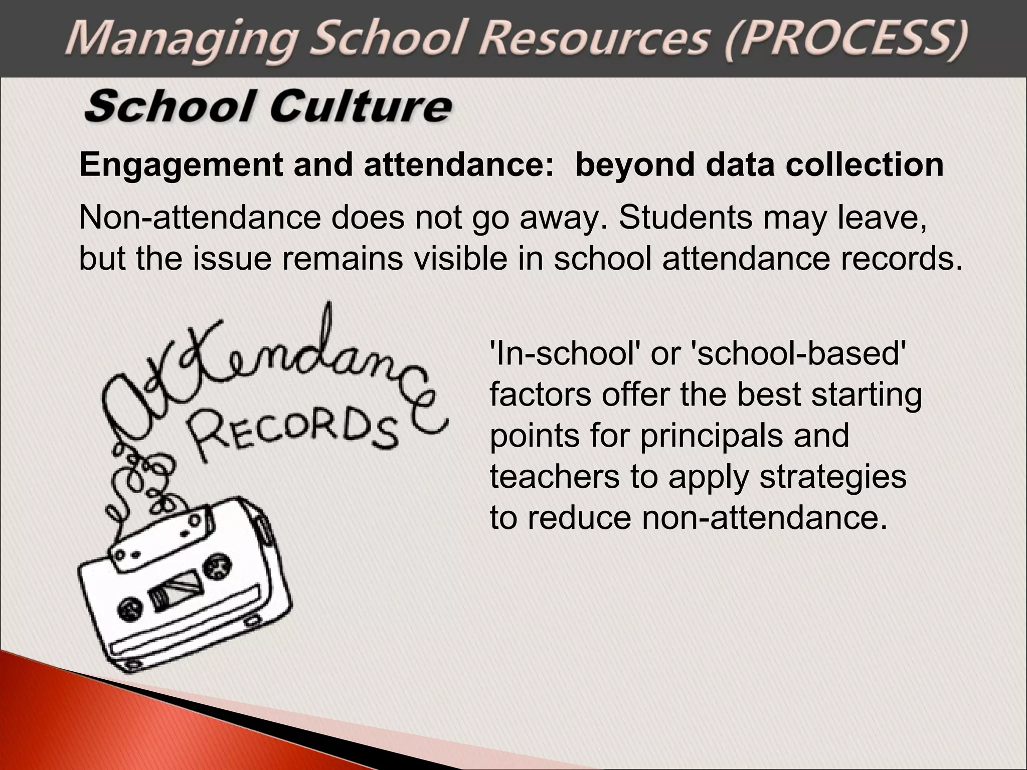 Non-attendance does not go away. Students may leave,
but the issue remains visible in school attendance records.
Engagement and attendance: beyond data collection
'In-school' or 'school-based'
factors offer the best starting
points for principals and
teachers to apply strategies
to reduce non-attendance.
 