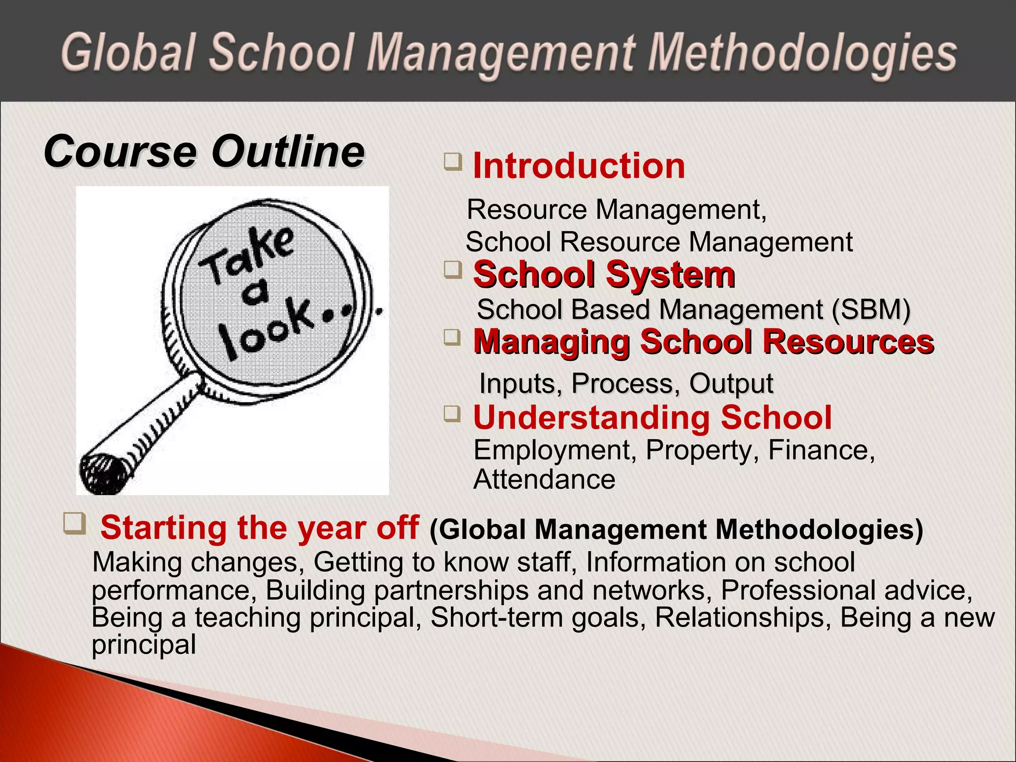  Introduction
Resource Management,
School Resource Management
 School SystemSchool System
School Based Management (SBM)School Based Management (SBM)
 Managing School ResourcesManaging School Resources
Inputs, Process, OutputInputs, Process, Output
 Understanding School
Employment, Property, Finance,
Attendance
Course OutlineCourse Outline
 Starting the year off (Global Management Methodologies)
Making changes, Getting to know staff, Information on school
performance, Building partnerships and networks, Professional advice,
Being a teaching principal, Short-term goals, Relationships, Being a new
principal
 