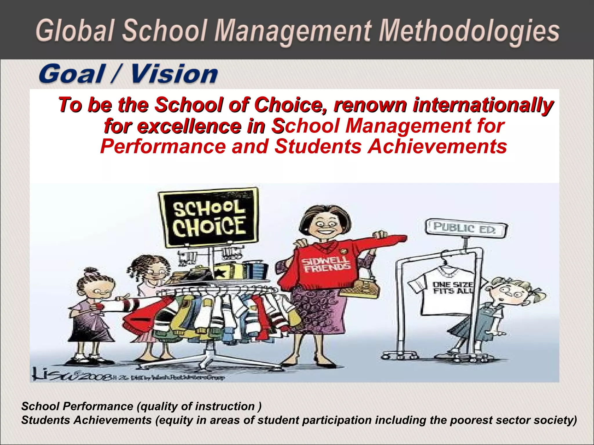 To be the School of Choice, renown internationallyTo be the School of Choice, renown internationally
for excellence in Sfor excellence in School Management for
Performance and Students Achievements
SSchool Performance (quality of instruction )
Students Achievements (equity in areas of student participation including the poorest sector society)
 