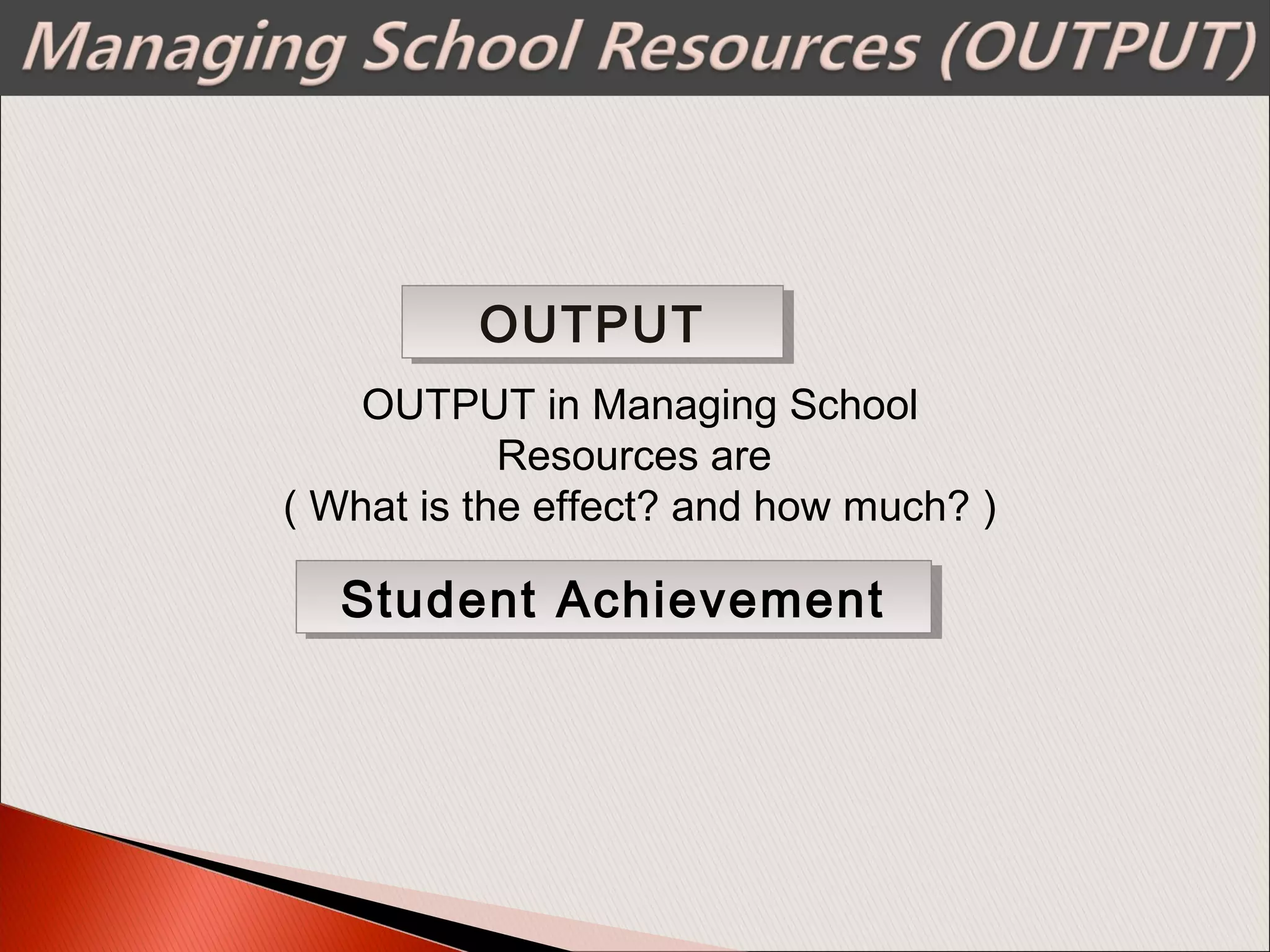 OUTPUT in Managing School
Resources are
( What is the effect? and how much? )
OUTPUTOUTPUT
Student AchievementStudent Achievement
 