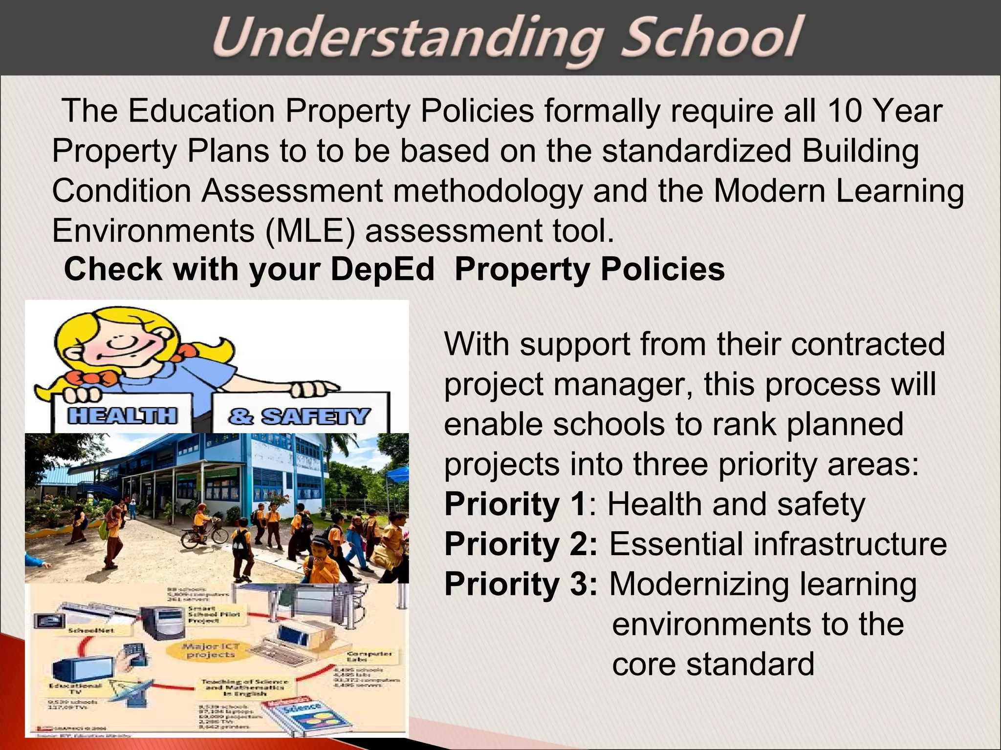 The Education Property Policies formally require all 10 Year
Property Plans to to be based on the standardized Building
Condition Assessment methodology and the Modern Learning
Environments (MLE) assessment tool.
With support from their contracted
project manager, this process will
enable schools to rank planned
projects into three priority areas:
Priority 1: Health and safety
Priority 2: Essential infrastructure
Priority 3: Modernizing learning
environments to the
core standard
Check with your DepEd Property Policies
 