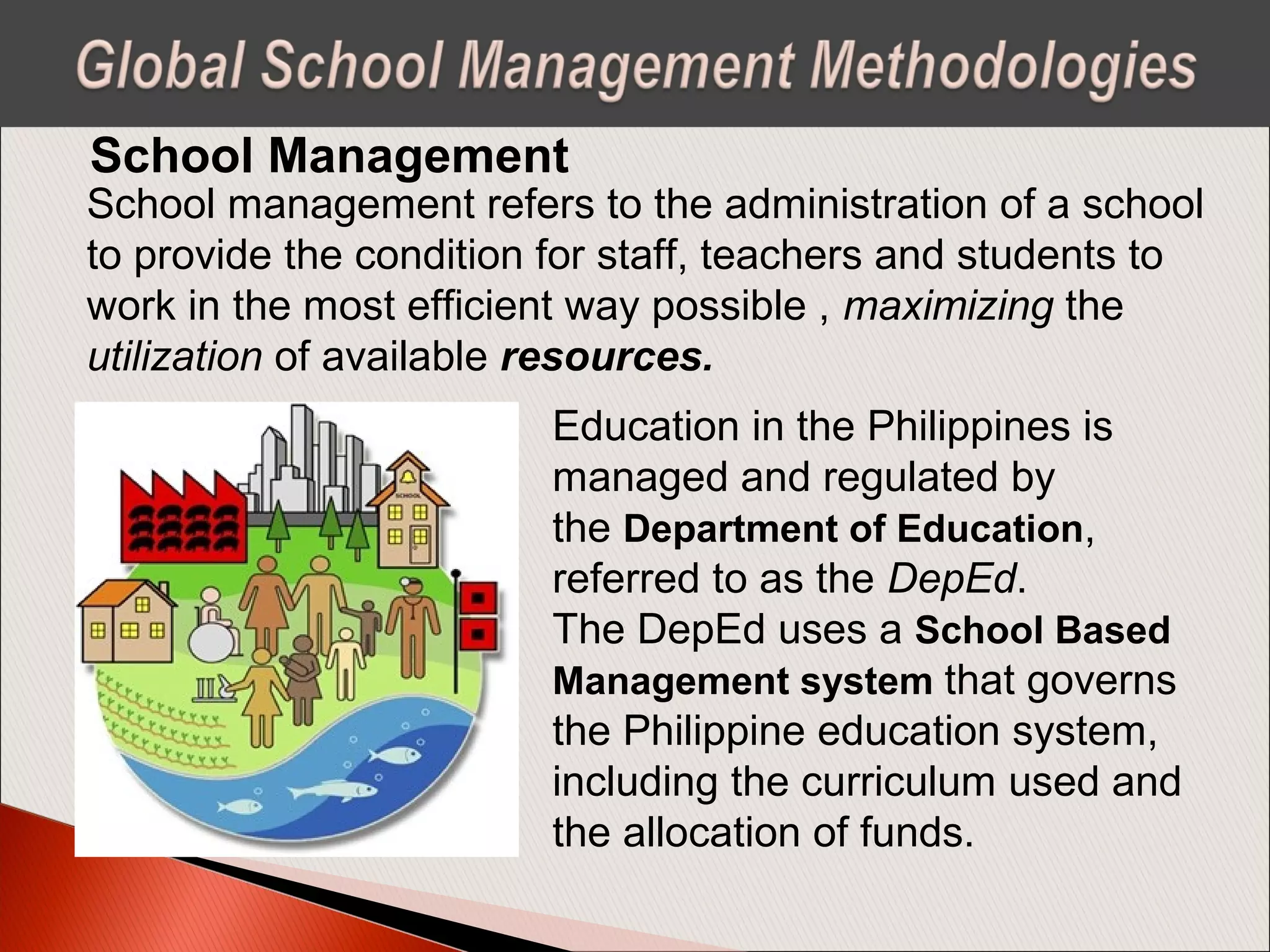 School Management
School management refers to the administration of a school
to provide the condition for staff, teachers and students to
work in the most efficient way possible , maximizing the
utilization of available resources.
Education in the Philippines is
managed and regulated by
the Department of Education,
referred to as the DepEd.
The DepEd uses a School Based
Management system that governs
the Philippine education system,
including the curriculum used and
the allocation of funds.
 