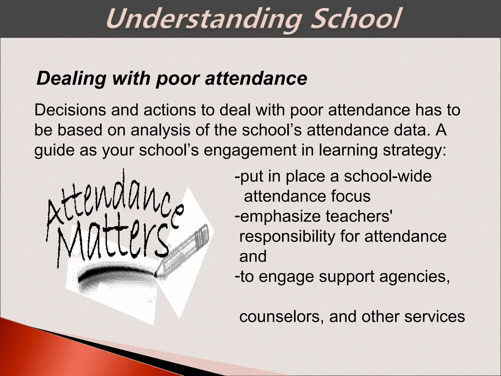 Dealing with poor attendance
-put in place a school-wide
attendance focus
-emphasize teachers'
responsibility for attendance
and
-to engage support agencies,
counselors, and other services
Decisions and actions to deal with poor attendance has to
be based on analysis of the school’s attendance data. A
guide as your school’s engagement in learning strategy:
 