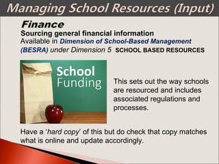 Sourcing general financial information
Available in Dimension of School-Based Management
(BESRA) under Dimension 5 SCHOOL BASED RESOURCES
This sets out the way schools
are resourced and includes
associated regulations and
processes.
Have a ‘hard copy’ of this but do check that copy matches
what is online and update accordingly.
 