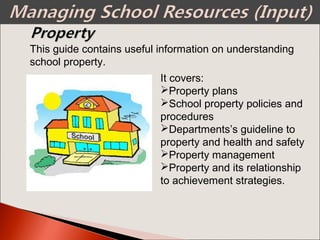 This guide contains useful information on understanding
school property.
It covers:
Property plans
School property policies and
procedures
Departments’s guideline to
property and health and safety
Property management
Property and its relationship
to achievement strategies.
 