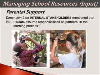 Dimension 2 on INTERNAL STAKEHOLDERS mentioned that
that Parents assume responsibilities as partners in the
learning process
 