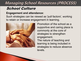 Engagement and attendance:
Promotion of the school as a
supportive and caring place is
commonly at the core of
strategies to strengthen
engagement.
The nature of teaching and
learning is being included in
strategies to reduce absence
levels.
Such strategies can be viewed as 'pull factors', working
to retain or increase engagement in learning.
 