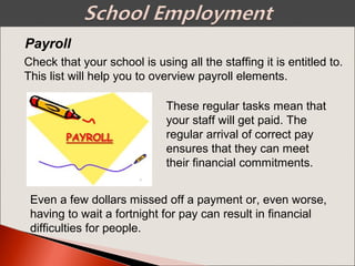 Payroll
Check that your school is using all the staffing it is entitled to.
This list will help you to overview payroll elements.
These regular tasks mean that
your staff will get paid. The
regular arrival of correct pay
ensures that they can meet
their financial commitments.
Even a few dollars missed off a payment or, even worse,
having to wait a fortnight for pay can result in financial
difficulties for people.
 