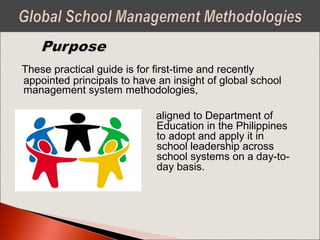 These practical guide is for first-time and recently
appointed principals to have an insight of global school
management system methodologies,
aligned to Department of
Education in the Philippines
to adopt and apply it in
school leadership across
school systems on a day-to-
day basis.
 