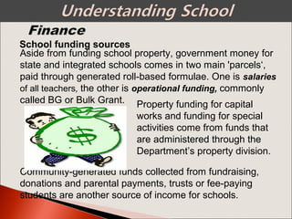School funding sources
Aside from funding school property, government money for
state and integrated schools comes in two main 'parcels‘,
paid through generated roll-based formulae. One is salaries
of all teachers, the other is operational funding, commonly
called BG or Bulk Grant. Property funding for capital
works and funding for special
activities come from funds that
are administered through the
Department’s property division.
Community-generated funds collected from fundraising,
donations and parental payments, trusts or fee-paying
students are another source of income for schools.
 