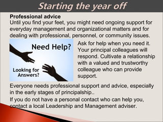 Until you find your feet, you might need ongoing support for
everyday management and organizational matters and for
dealing with professional, personnel, or community issues.
Professional advice
Ask for help when you need it.
Your principal colleagues will
respond. Cultivate a relationship
with a valued and trustworthy
colleague who can provide
support.
Everyone needs professional support and advice, especially
in the early stages of principalship..
If you do not have a personal contact who can help you,
contact a local Leadership and Management adviser.
 
