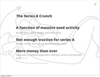 A function of massive seed activity
Accelerators, active angels, and lower costs
Not enough traction for series A
Bridge rounds and top ups on convertible notes
More money than ever
Especially in network-dependent startups, winners are decided
early
20
The Series A Crunch
Saturday, 25 May 13
 