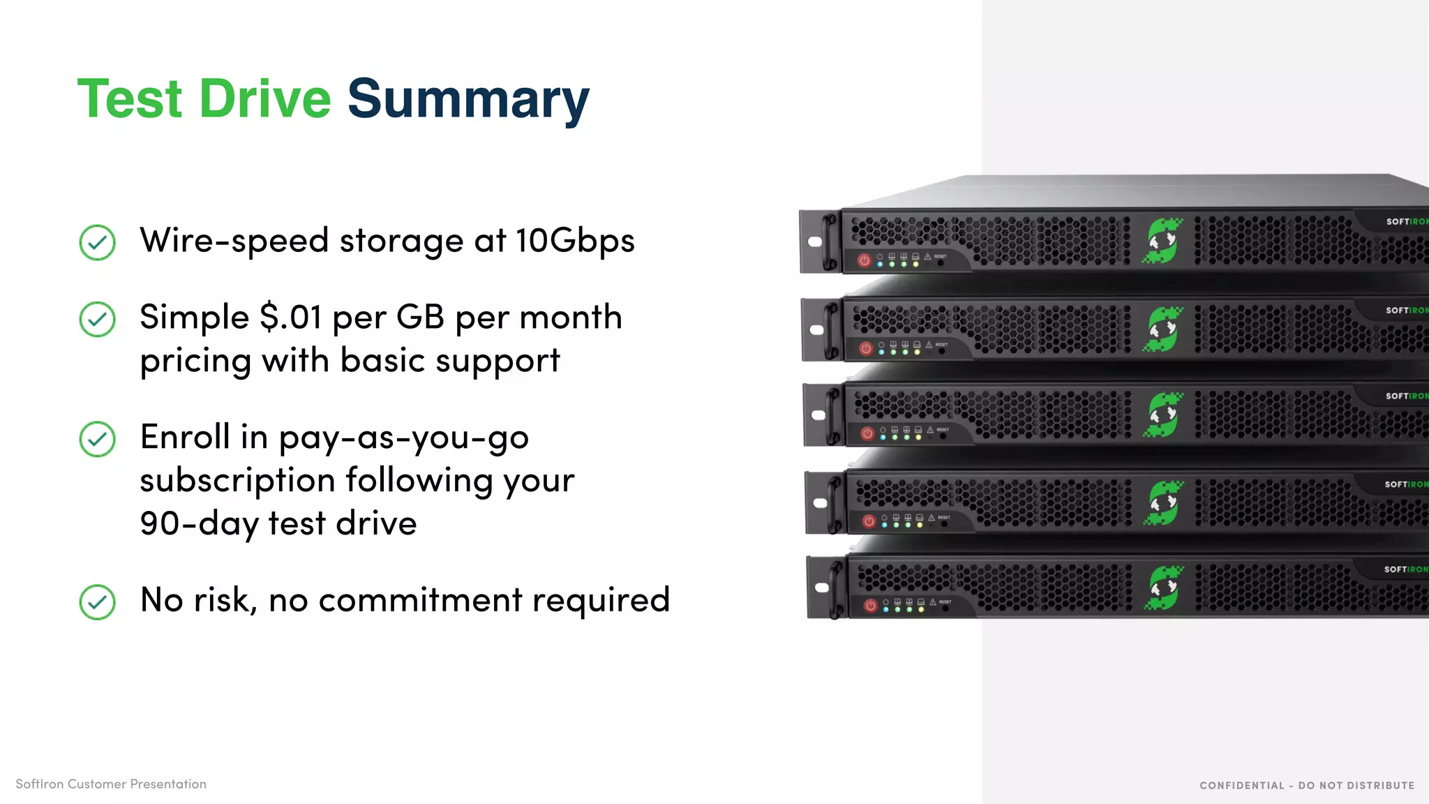 CONFIDENTIAL - DO NOT DISTRIBUTESoftIron Customer Presentation
Wire-speed storage at 10Gbps
Simple $.01 per GB per month
pricing with basic support
Enroll in pay-as-you-go
subscription following your  
90-day test drive
No risk, no commitment required
Test Drive Summary
 