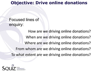 Objective: Drive online donations



Focused lines of
enquiry:
           How are we driving online donations?
         When are we driving online donations?
        Where are we driving online donations?
    From whom are we driving online donations?
 To what extent are we driving online donations?
 