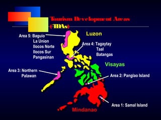 Tourism Development Areas
(TDAs)
Luzon
Visayas
Mindanao
Area 1: Samal Island
Area 2: Panglao Island
Area 3: Northern
Palawan
Area 4: Tagaytay
Taal
Batangas
Area 5: Baguio
La Union
Ilocos Norte
Ilocos Sur
Pangasinan
 