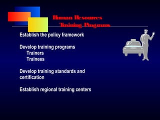 Human Resources
Training Programs
Establish the policy framework
Develop training programs
Trainers
Trainees
Develop training standards and
certification
Establish regional training centers
 