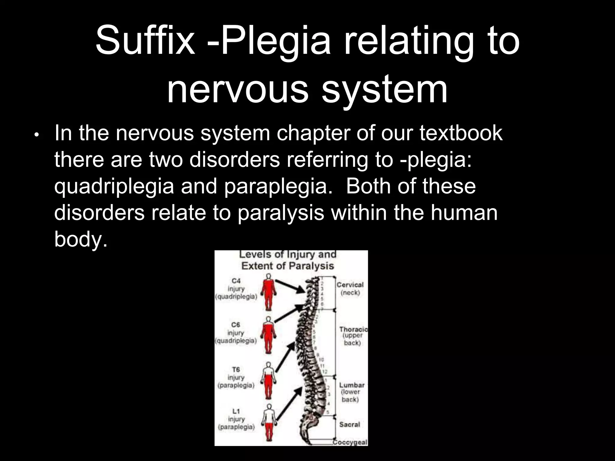 Suffix -Plegia relating to
nervous system
• In the nervous system chapter of our textbook
there are two disorders referring to -plegia:
quadriplegia and paraplegia. Both of these
disorders relate to paralysis within the human
body.
 