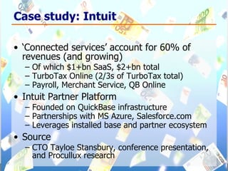 Case study: Intuit ‘ Connected services’ account for 60% of revenues (and growing) Of which $1+bn SaaS, $2+bn total TurboTax Online (2/3s of TurboTax total) Payroll, Merchant Service, QB Online Intuit Partner Platform Founded on QuickBase infrastructure Partnerships with MS Azure, Salesforce.com Leverages installed base and partner ecosystem Source CTO Tayloe Stansbury, conference presentation, and Procullux research 
