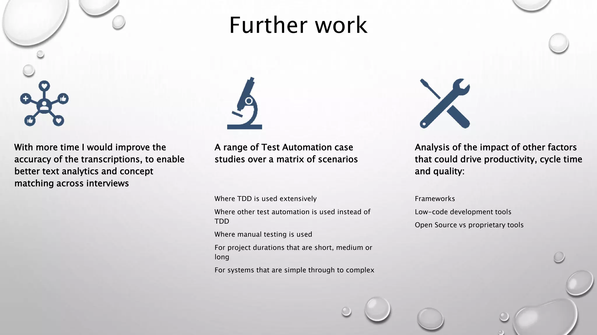 Further work
With more time I would improve the
accuracy of the transcriptions, to enable
better text analytics and concept
matching across interviews
A range of Test Automation case
studies over a matrix of scenarios
Where TDD is used extensively
Where other test automation is used instead of
TDD
Where manual testing is used
For project durations that are short, medium or
long
For systems that are simple through to complex
Analysis of the impact of other factors
that could drive productivity, cycle time
and quality:
Frameworks
Low-code development tools
Open Source vs proprietary tools
 