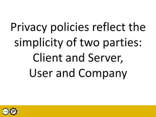 Privacy policies reflect the simplicity of two parties: Client and Server, User and Company<br />